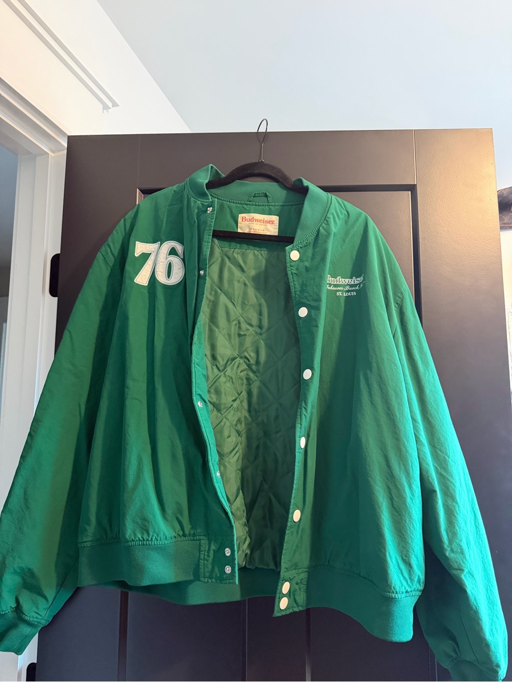 Budweiser Green Quilted Varsity Jacket with '76 Patch - Women's